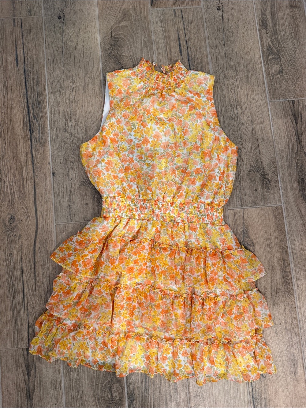 1.STATE Floral Smocked Neck Dress in Yellow & Orange